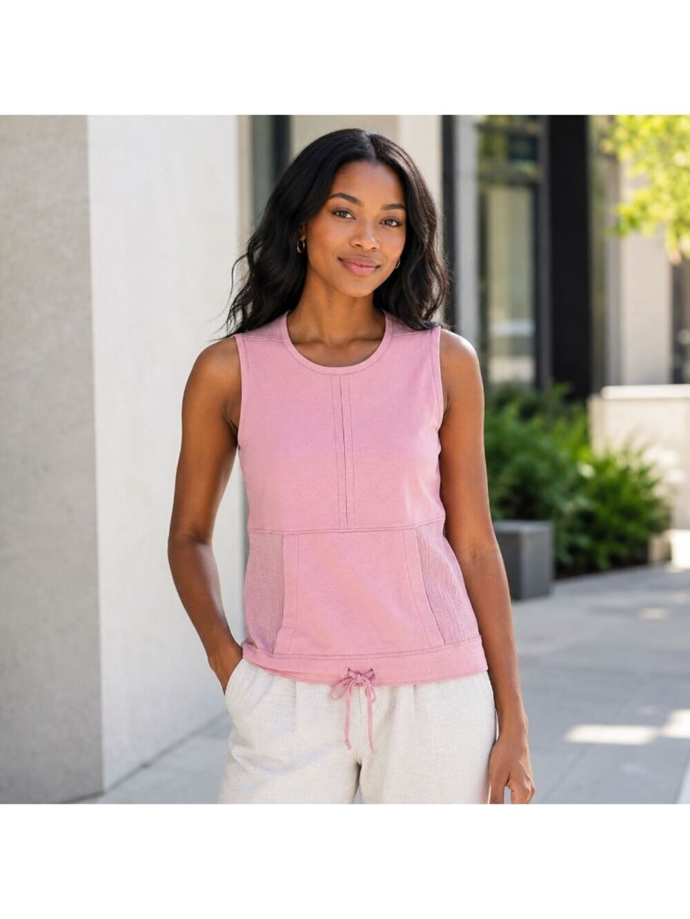 Helmut Lang Pink Sleeveless Drawstring Hem Textured Panel Top P